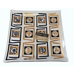 Vintage Fulton Glass Co. Square Glass Plate With Gold & Black Geometric Design